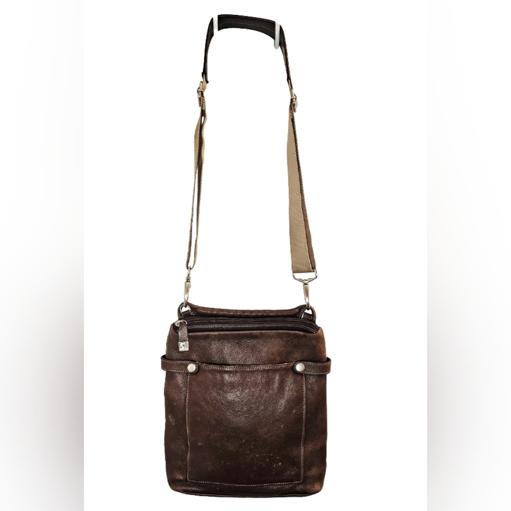 [Soprano]Dark Brown Genuine Leather Crossbody Travel Bag Canvas Strap